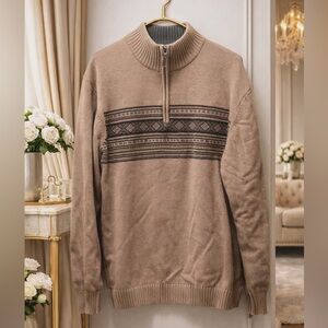 Oscar de la Renta Men’s XL Beige Zip-Up Sweater with Dark Pattern